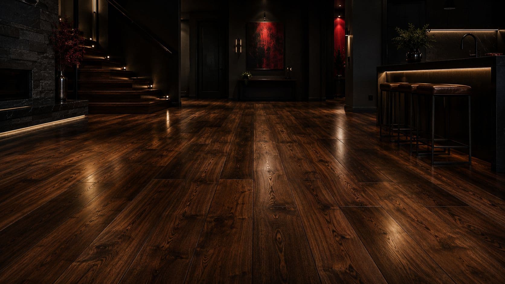 Luxury dark walnut hardwood floor in a modern home by MAYA Flooring & Painting